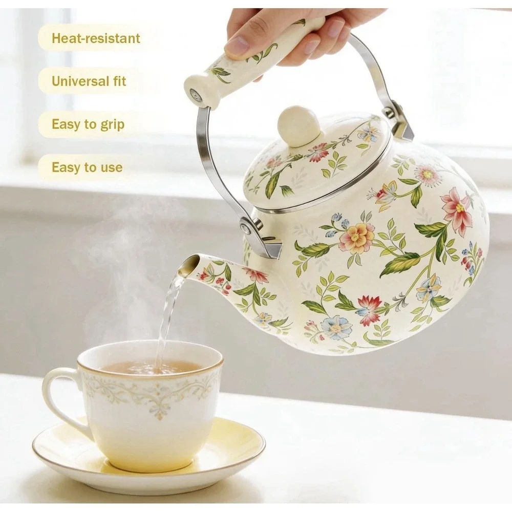 Floral Enamel Tea Pot Kettle Stove Top Porcelain  Cottage Core Farmhouse Nice! - Picture 13 of 15
